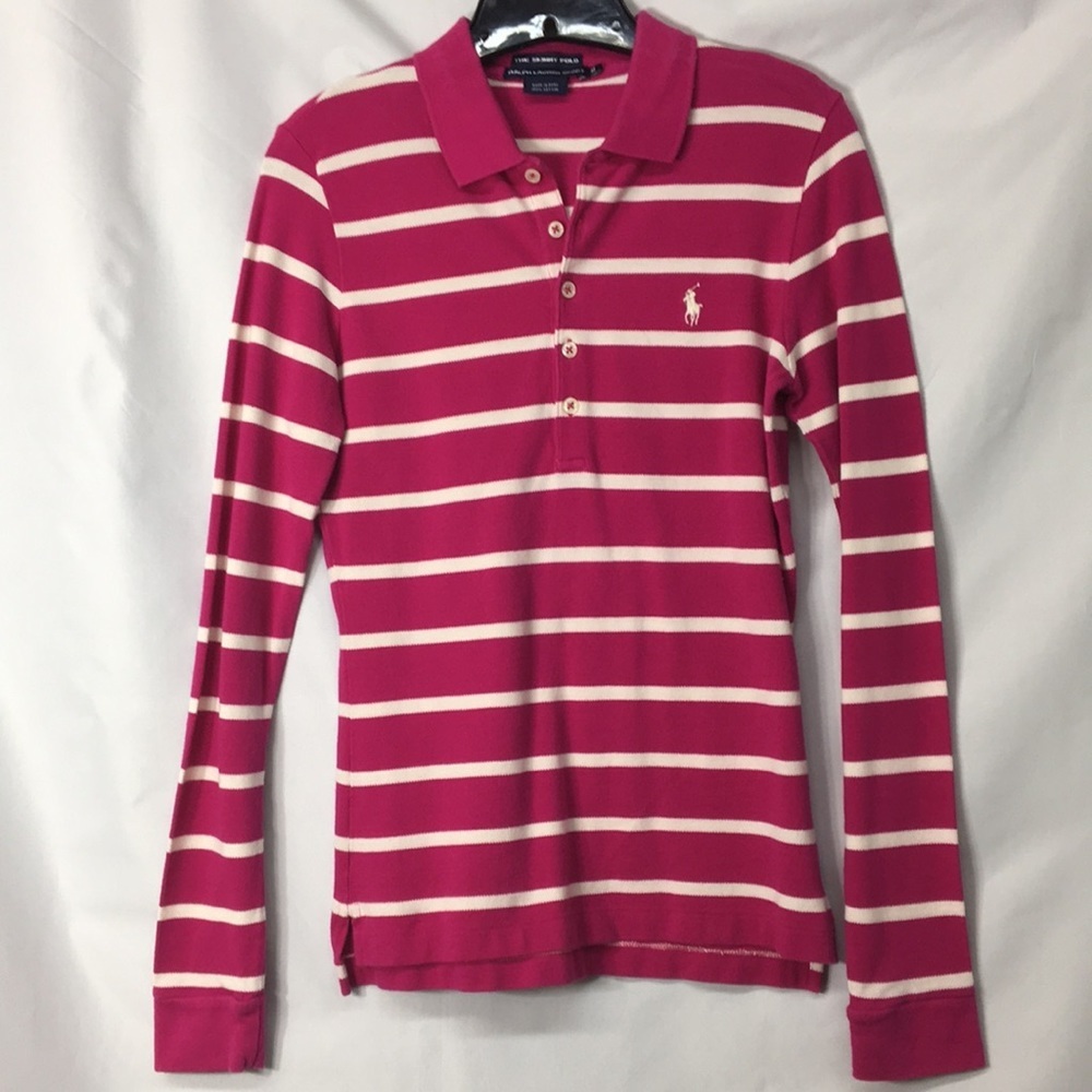Ralph Lauren Women’s Pink and White Stripe Skinny Polo Size M Like-NEW Condition